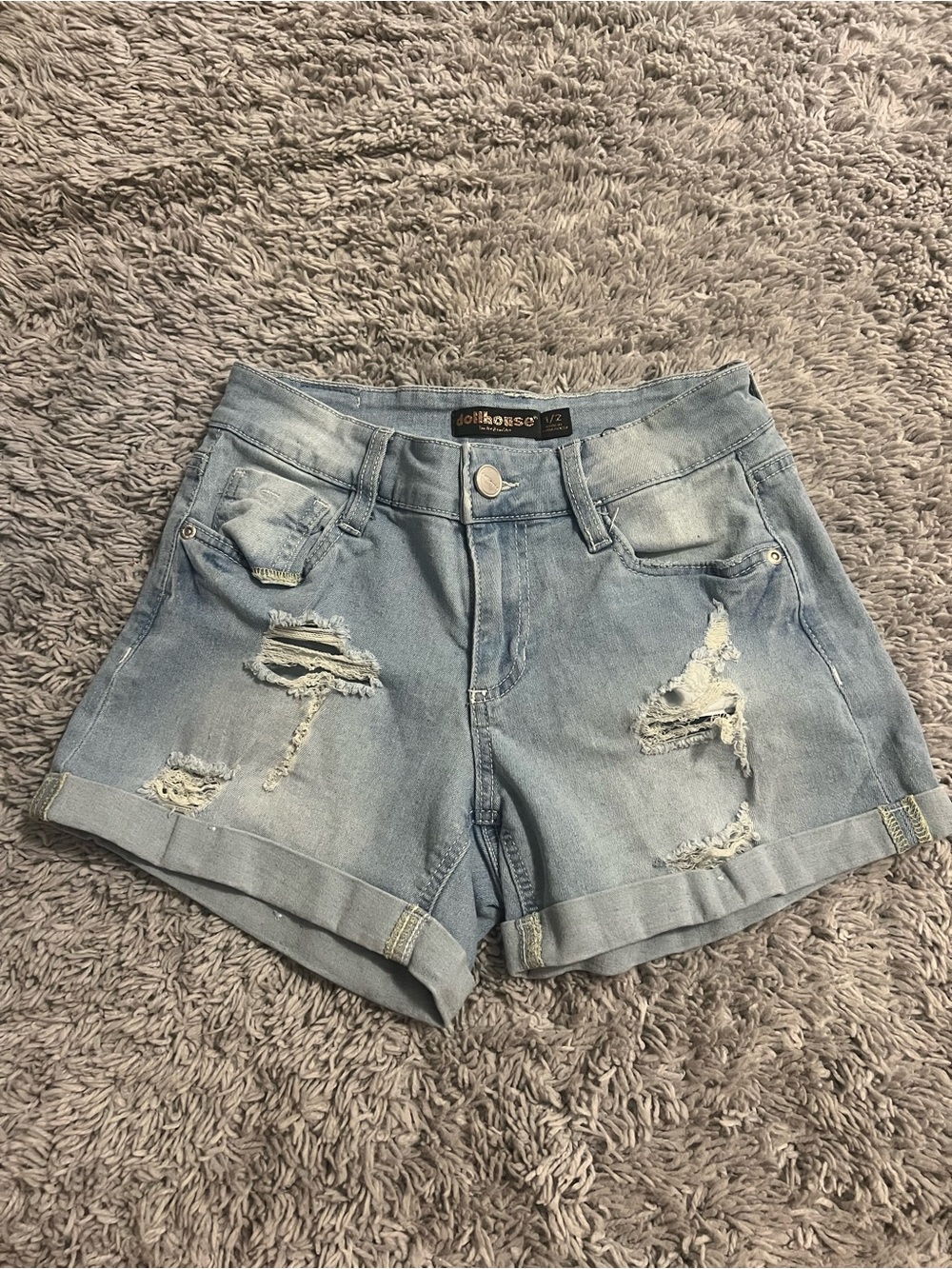 Dollhouse Light Blue Distressed Rolled-Hem Denim Shorts